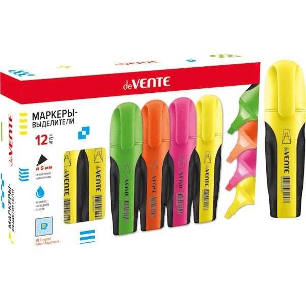 Маркер-текстовыделитель deVENTE (1-5 мм), плоский корпус, скошенный наконечник, ЖЕЛТЫЙ deVENTE Цена с НДС за 1 штуку