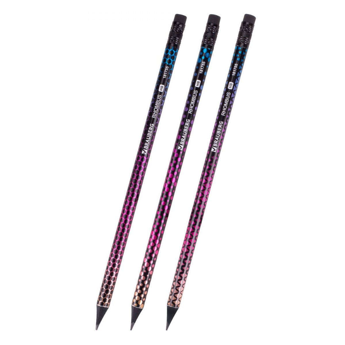 Карандаш чернографитный BRAUBERG "RHOMBUS", 1 шт., HB, с ластиком, корпус ассорти, 181755 BRAUBERG Цена с НДС за 1 штуку