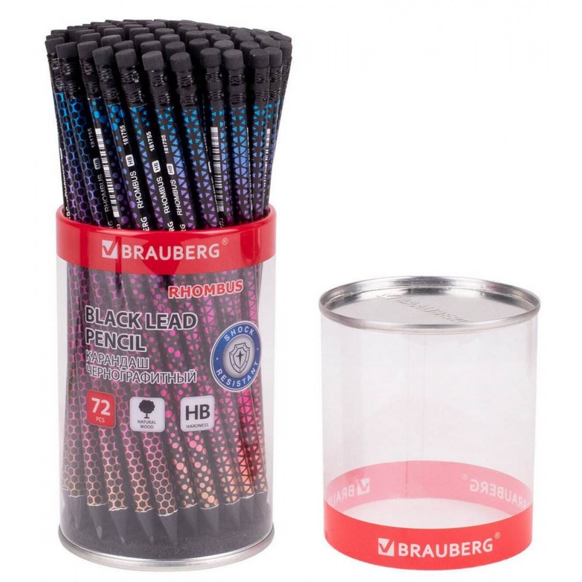 Карандаш чернографитный BRAUBERG "RHOMBUS", 1 шт., HB, с ластиком, корпус ассорти, 181755 BRAUBERG Цена с НДС за 1 штуку