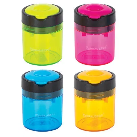 Точилка BRAUBERG "Office Round", 2 отверстия для чернографитных карандашей (в том числе утолщенных), с контейнером, ассорти, 228446 BRAUBERG Цена с НДС за 1 штуку