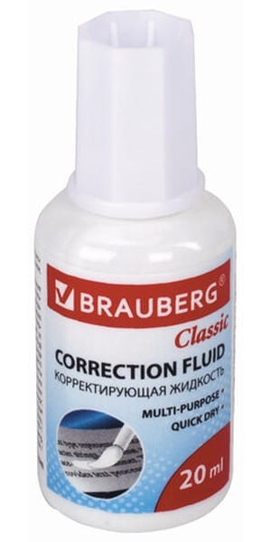 Корректирующая жидкость BRAUBERG "Classic", быстросохнущая, 20 мл, с кисточкой, 220255 BRAUBERG Цена с НДС за 1 штуку