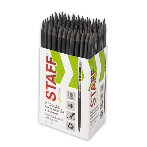Карандаш чернографитный STAFF "College" BLP-712, 1 шт., НВ, с ластиком, пластик, корпус черный, 181712 STAFF Цена с НДС за 1 штуку