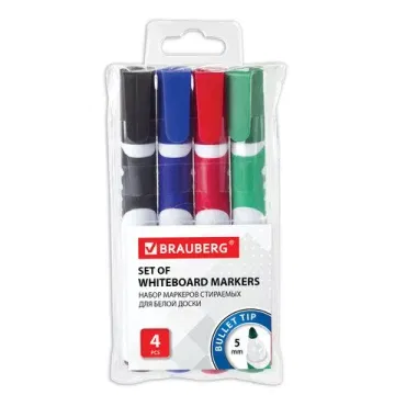 Маркеры стираемые для белой доски НАБОР 4 ЦВЕТА, BRAUBERG "SOFT", 5 мм, резиновая вставка, 151252 BRAUBERG Цена с НДС за 1 упаковку
