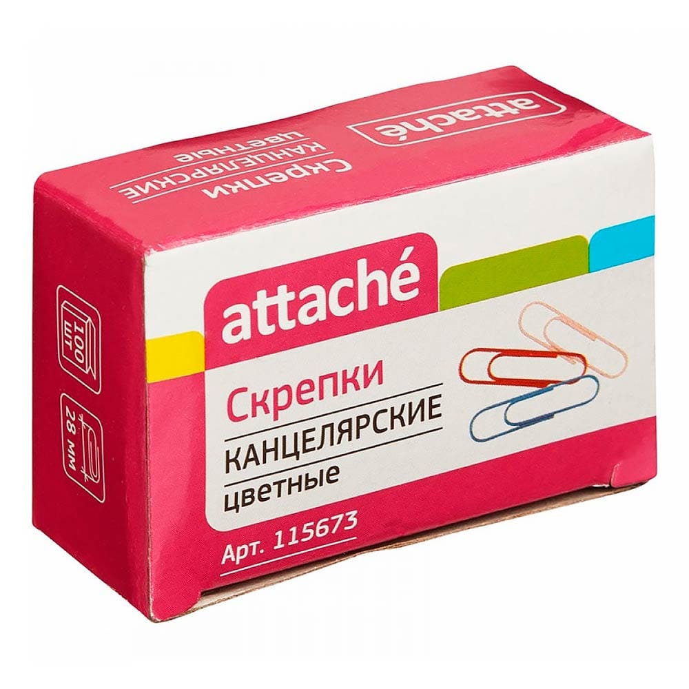 Скрепки Attache, 28мм, овальные, 100шт/уп, цветные Attache Цена с НДС за 1 упаковку