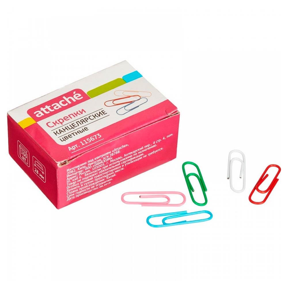 Скрепки Attache, 28мм, овальные, 100шт/уп, цветные Attache Цена с НДС за 1 упаковку