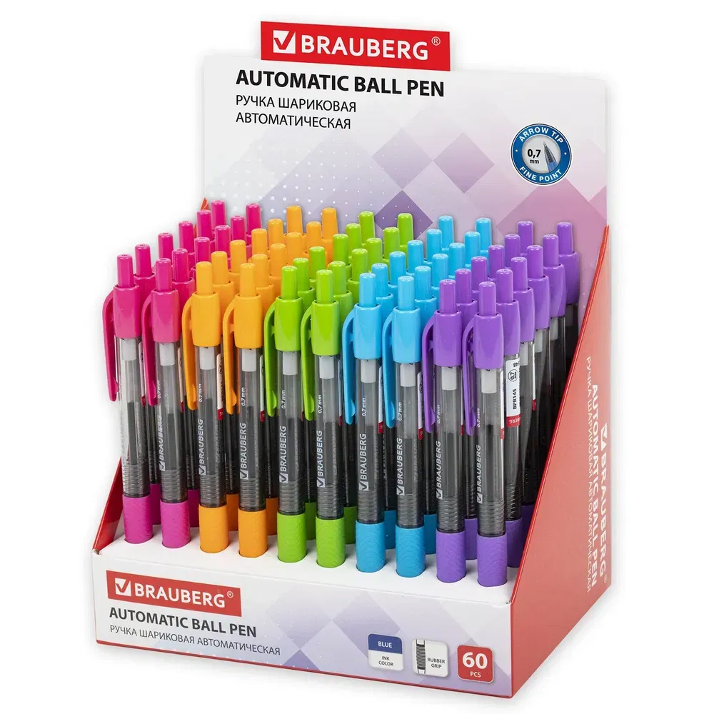 Ручка шариковая автоматическая с грипом BRAUBERG "Insight", СИНЯЯ, детали ассорти, узел 0,7 мм, линия письма 0,35 мм, 141548 BRAUBERG Цена с НДС за 1 штуку