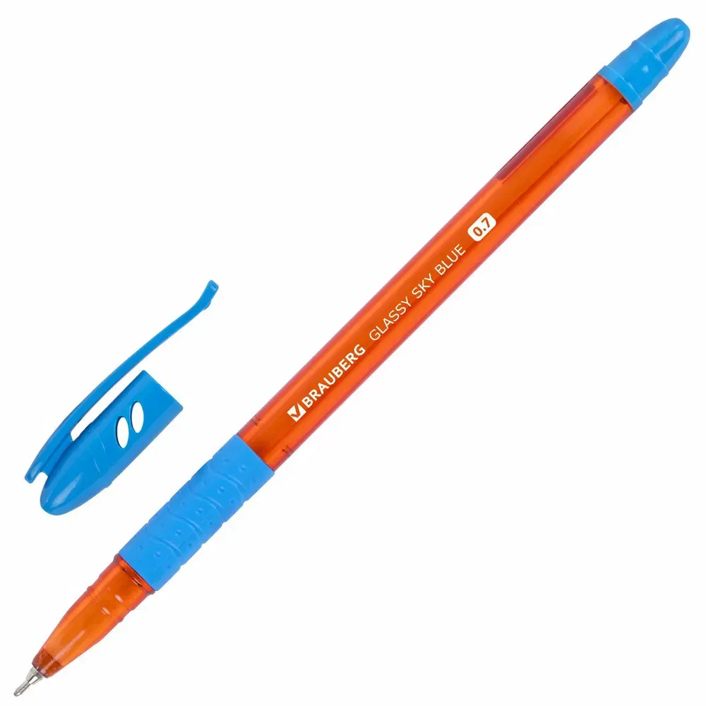 Ручка шариковая масляная с грипом BRAUBERG GLASSY SKY BLUE, СВЕТЛО-СИНЯЯ, узел 0,7 мм, линия письма 0,35 мм, 144107 BRAUBERG Цена с НДС за 1 штуку