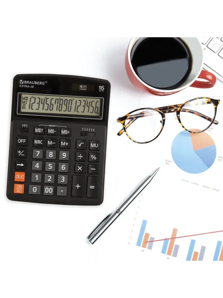 Калькулятор настольный EXTRA-16-BK (206x155 мм), 16 разрядов, двойное питание, ЧЕРНЫЙ, 250475 BRAUBERG Цена с НДС за 1 штуку