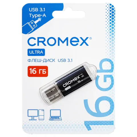 Флеш-диск 16 GB, CROMEX (КРОМЕКС) Ultra USB 3.1, металлический корпус, черный, 514162 Цена с НДС за 1 штуку