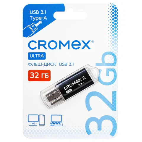 Флеш-диск 32 GB, CROMEX (КРОМЕКС) Ultra USB 3.1, металлический корпус, черный, 514163 Цена с НДС за 1 штуку