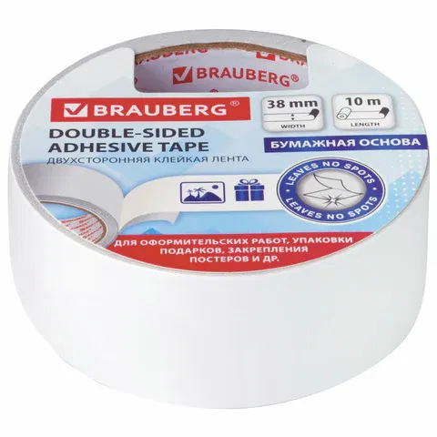 Клейкая двухсторонняя лента 38 мм х 10 м, БУМАЖНАЯ ОСНОВА, BRAUBERG, 229056 BRAUBERG Цена с НДС за 1 штуку