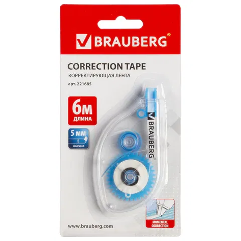 Корректирующая лента BRAUBERG, 5 мм х 6 м, в блистере, 221685 BRAUBERG Цена с НДС за 1 штуку