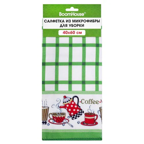 Салфетка из МИКРОФИБРЫ универсальная, 40х60 см, зеленая клетка, орнамент, 240 г/м2, BOOMHOUSE (БУМХАУС), 700878 Цена с НДС за 1 штуку