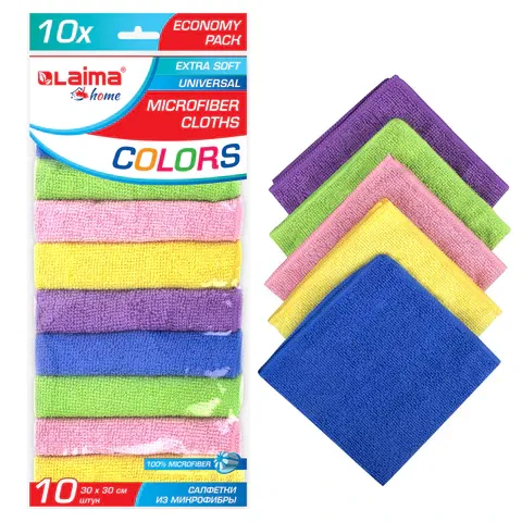 Салфетки из МИКРОФИБРЫ 30х30 см MULTI COLOUR, big pack, КОМПЛЕКТ 10 шт., 180 г/м2, LAIMA HOME, 607794 LAIMA Цена с НДС за 1 упаковку 10 штук