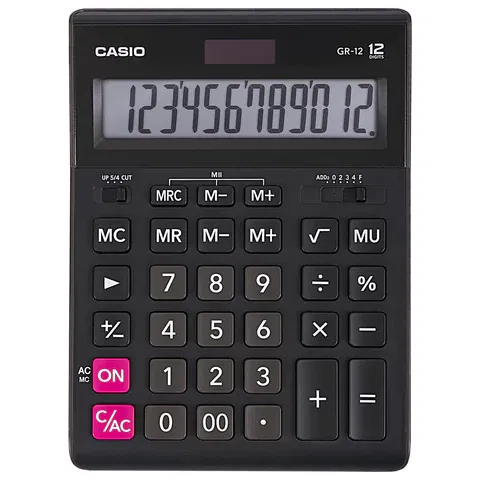 Калькулятор настольный CASIO GR-12-W (209х155 мм), 12 разрядов, двойное питание, черный, европодвес, GR-12-W-EP CASIO Цена с НДС за 1 штуку