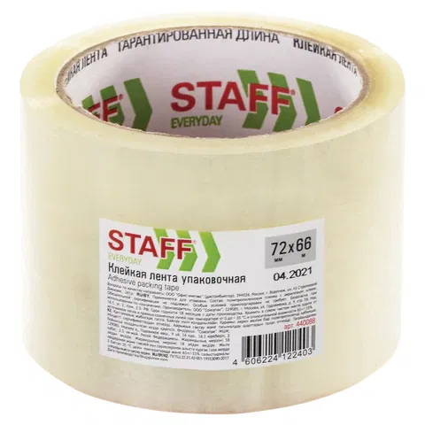 Клейкая лента упаковочная 72 мм x 66 м, прозрачная, толщина 40 микрон, STAFF, 440088 STAFF Цена с НДС за 1 штуку