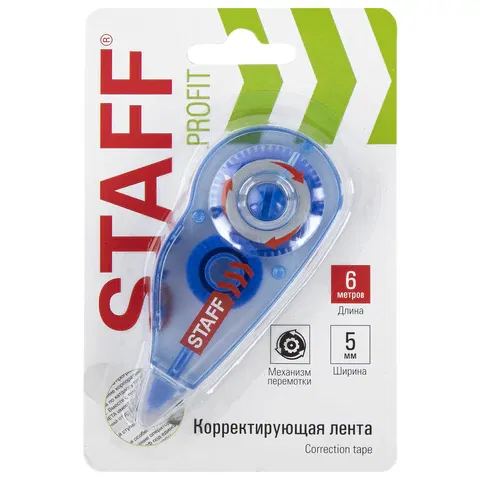 Корректирующая лента STAFF PROFIT, 5 мм х 6 м, механизм перемотки, корпус голубой, блистер, европодвес, 271254 STAFF Цена с НДС за 1 штуку