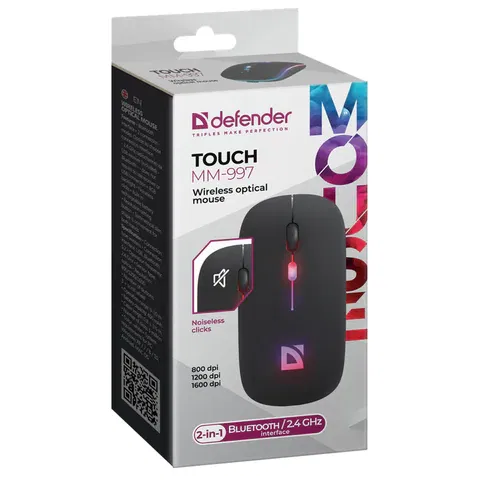 Мышь беспроводная DEFENDER TOUCH MM-997, USB, 3 кнопки+1 колесо-кнопка, оптическая, черная, 52997 DEFENDER Цена с НДС за 1 штуку