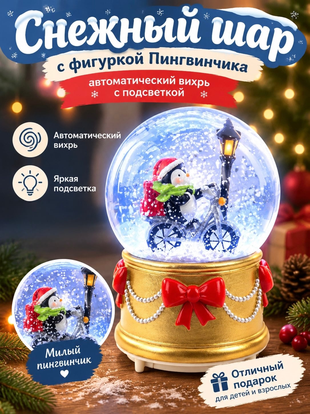 Сувенир снежный шар d100мм, полистоун/стекло, LED, автомат.вихрь, ЗОЛОТАЯ СКАЗКА, 592956 Цена с НДС