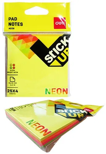 Блок самокл. для заметок 76*76 1*100, DELI 4 цвета неон, Китай DELI Цена с НДС за 1 штуку