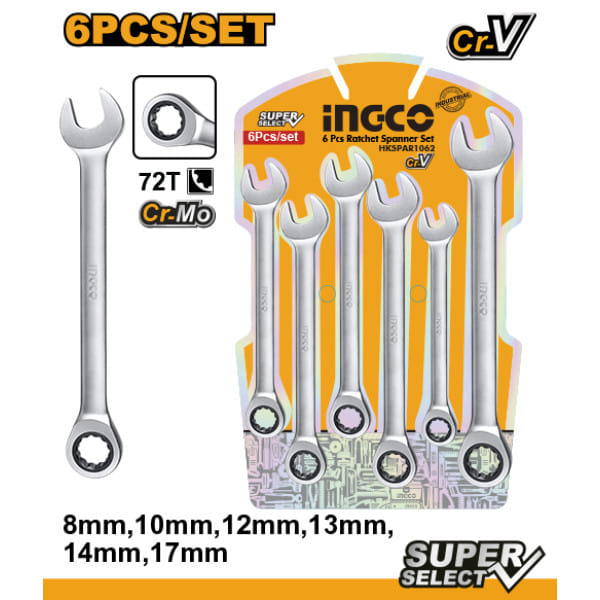 Набор комб. ключей с трещоткой 8-17 мм. 6 пред. INDUSTRIAL INGCO HKSPAR1062