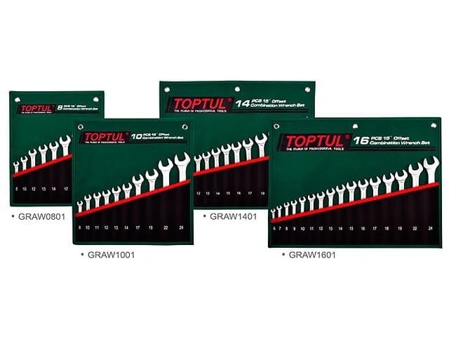 Набор ключей комбинир. 6-24 мм 15° Pro-Line 16 шт в сумке (цвет: зелёный) TOPTUL GRAW1601