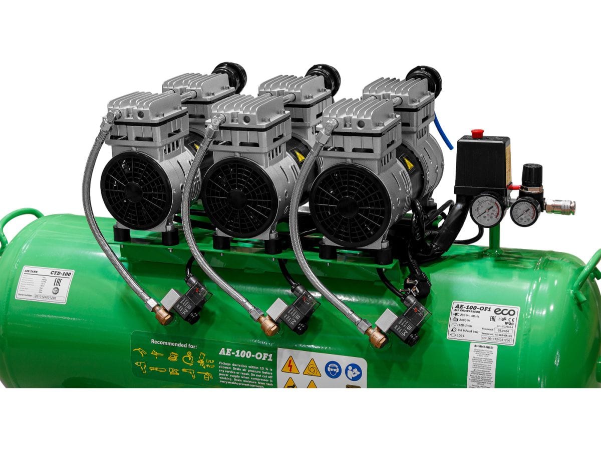 Компрессор безмасляный (420 л/мин, 8 атм, коаксиальный, безмасляный, ресив. 100 л, 230 В, 2,4 кВт) ECO AE-100-OF1
