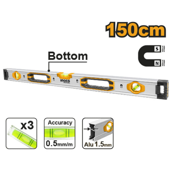 Алюминиевый магнитный строительный уровень 1500 мм INDUSTRIAL INGCO HSL38150M
