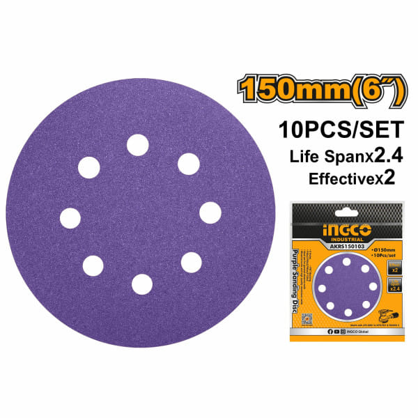 Набор шлифовальных кругов 150 мм, 10 шт, Р40-120, 8 отв. INDUSTRIAL INGCO AKRS150103