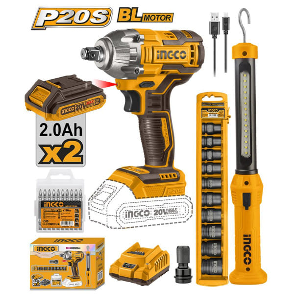 Набор аккумуляторного инструмента 20 В (300Нм+головки, лампа) INGCO COSLI23011