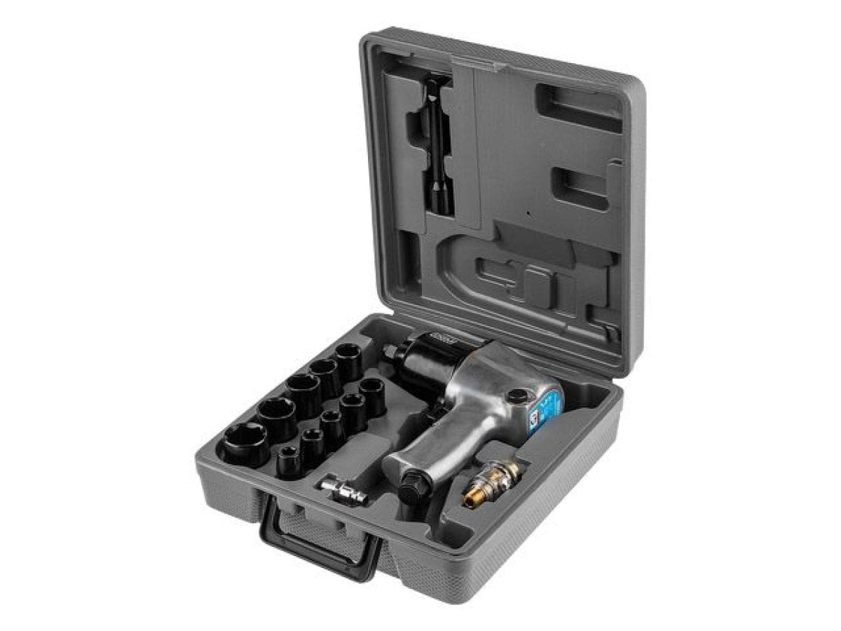 Пневмогайковерт 1/2" с лубрикатором и головками (580 Нм, Ударный мех-м: twin hammer, 7000 об/мин, Макс.резьба: М18, 220 л/мин,) DGM DTW-7012