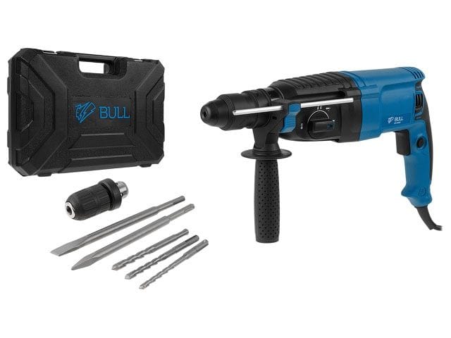 Перфоратор в чем. 800 Вт, 3.0 Дж, 4 реж. + 2 зубила, 3 сверла, БЗП в комплекте (800 Вт, 3.0 Дж, 4 реж., патрон SDS-plus, БЗП в комплекте, BULL BH 2602