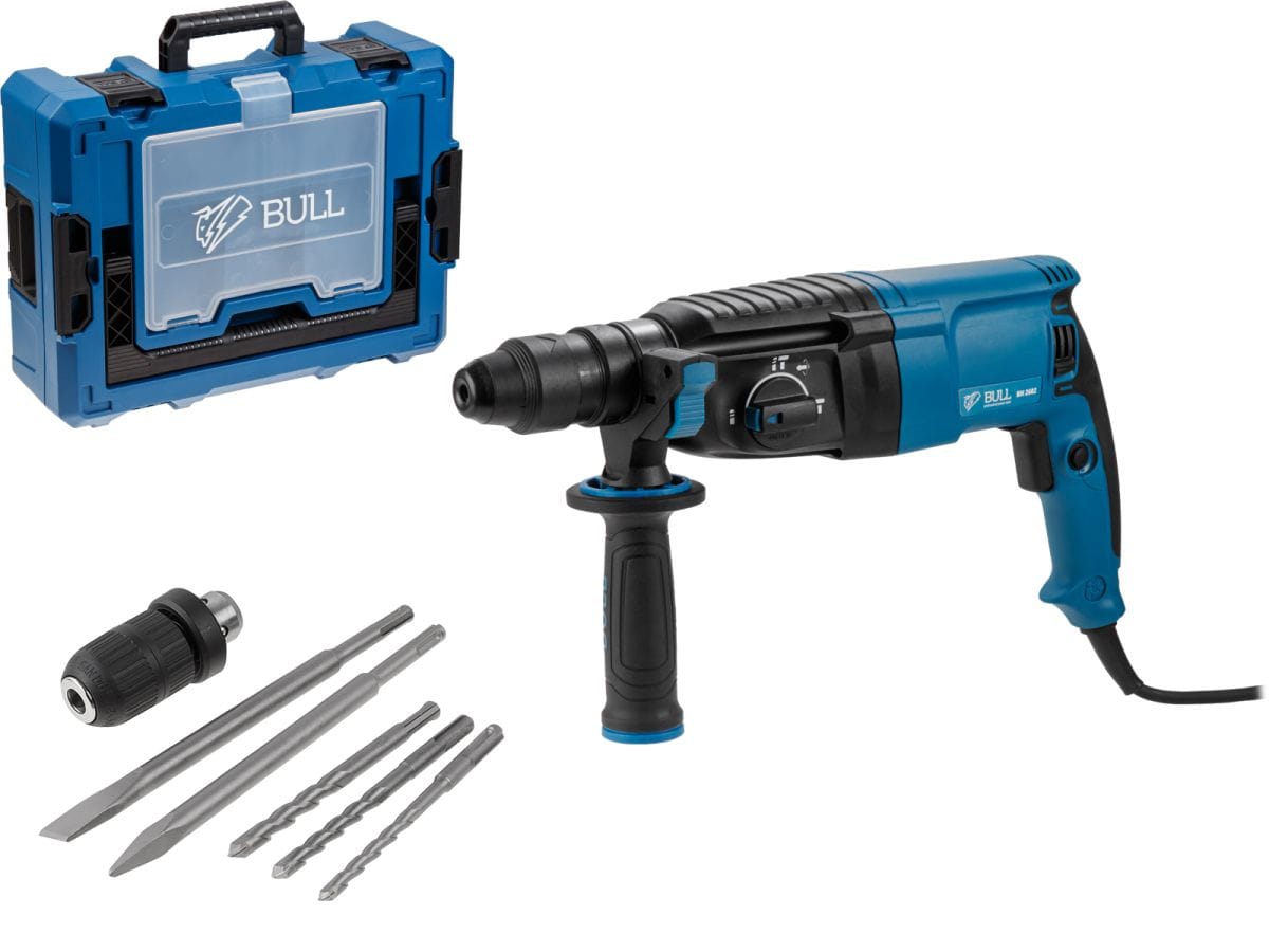 Перфоратор в чем. Xcase 800 Вт, 3.0 Дж, 4 реж. + 2 зубила, 3 сверла, БЗП в комплекте (800 Вт, 3.0 Дж, 4 реж., патрон SDS-plus, БЗП в комплекте, вес 3.4 кг) BULL BH 2602