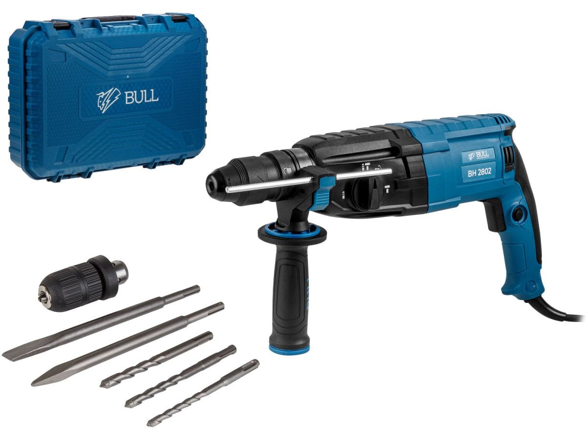Перфоратор в чем. 850 Вт, 3.2 Дж, 28 мм, 4 реж. + 2 зубила, 3 сверла, БЗП в комплекте (вес 3.8 кг) BULL BH 2802