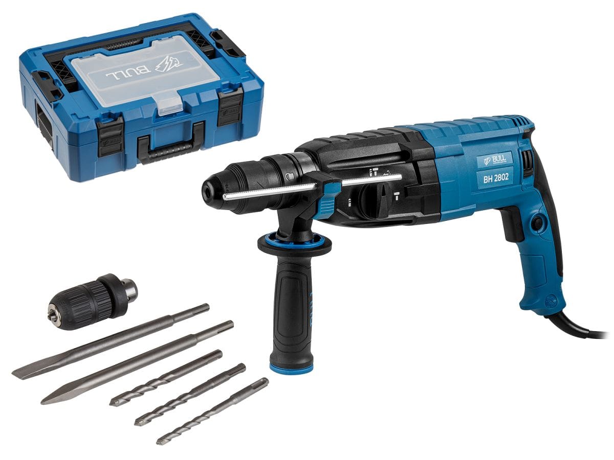 Перфоратор в чем. Xcase 850 Вт, 3.2 Дж, 28 мм, 4 реж. + 2 зубила, 3 сверла, БЗП (вес 3.8 кг) BULL BH 2802