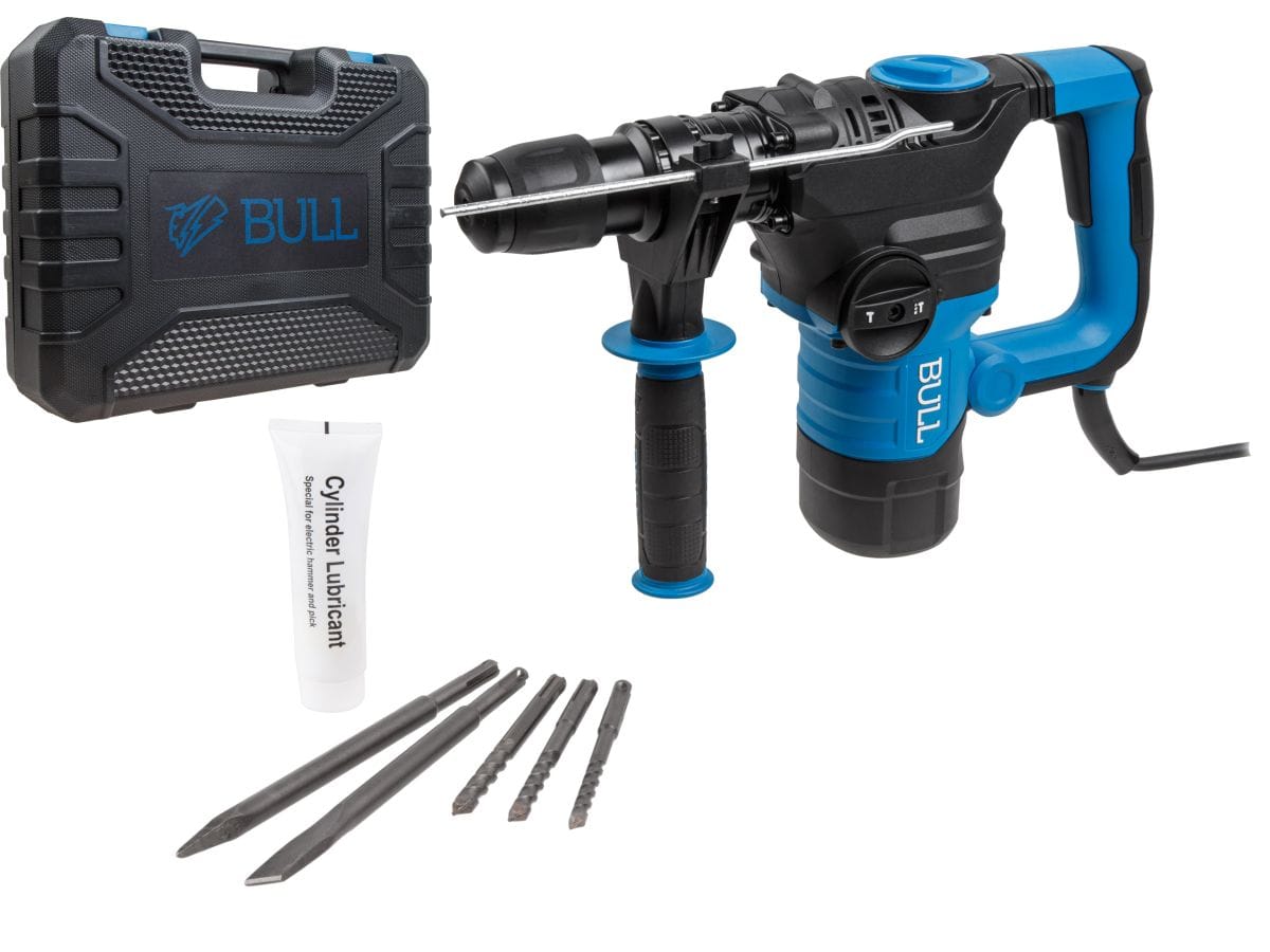 Перфоратор в чем. 1500 Вт, 6,5 Дж, 32 мм, 2 реж. + 2 зуб., 3 сверла, SDS-plus (4,5 кг) BULL BH 3202