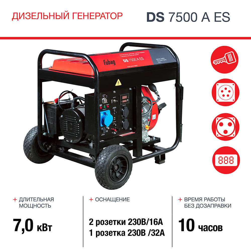 Генератор дизельный с электростартером и коннектором автоматики Fubag DS 7500 A ES