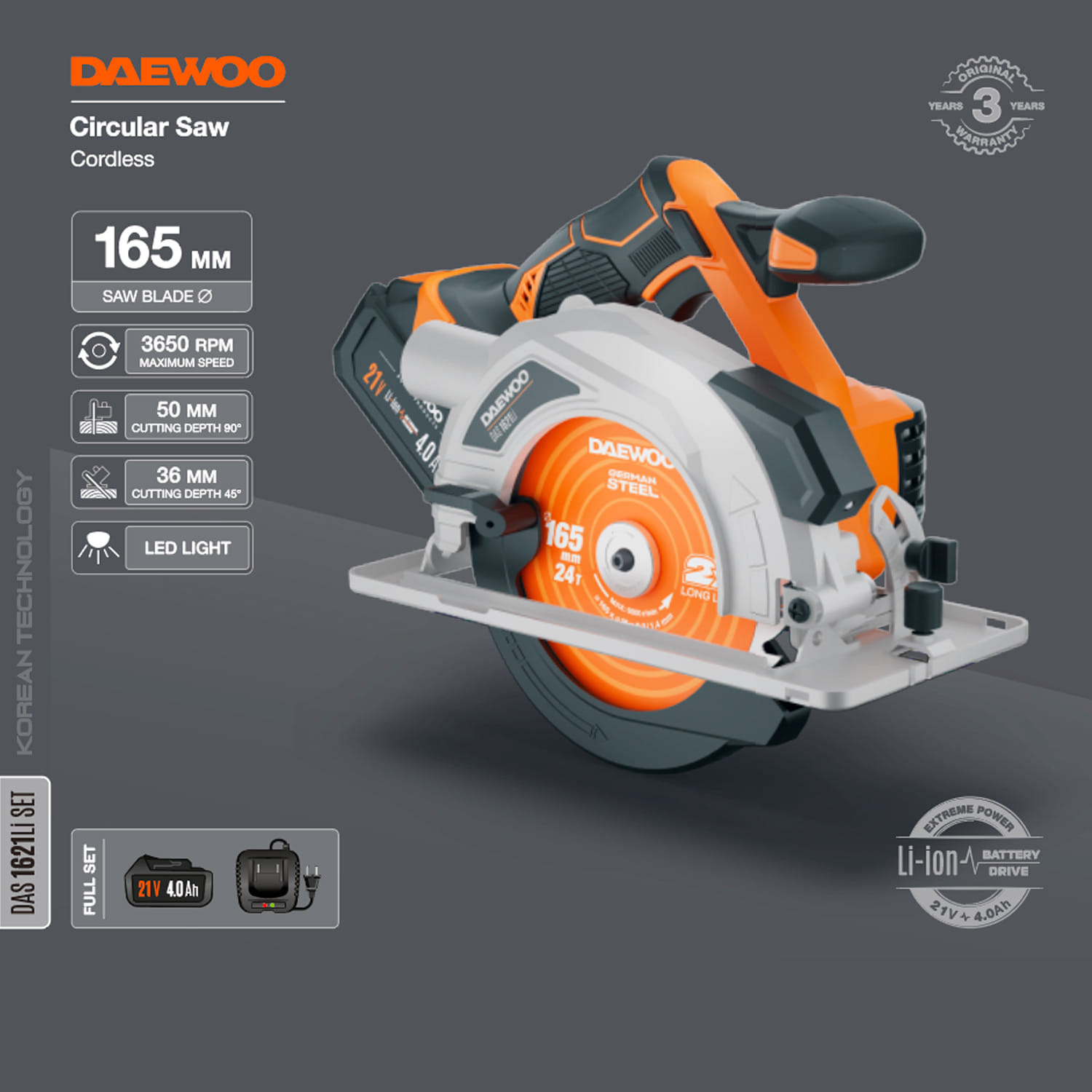 Пила циркулярная аккумуляторная DAS 1621Li SET Daewoo Power