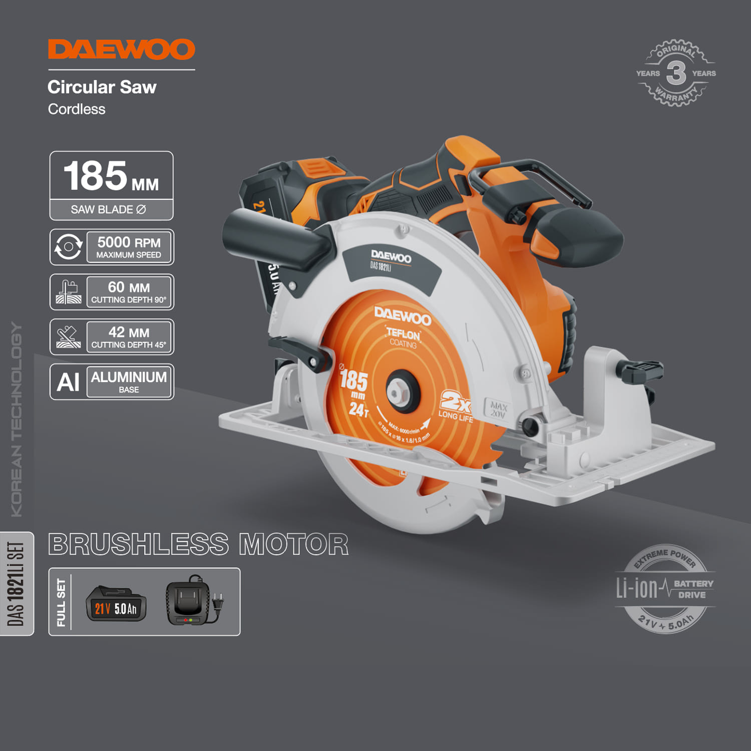 Пила циркулярная аккумуляторная DAS 1821Li SET Daewoo Power