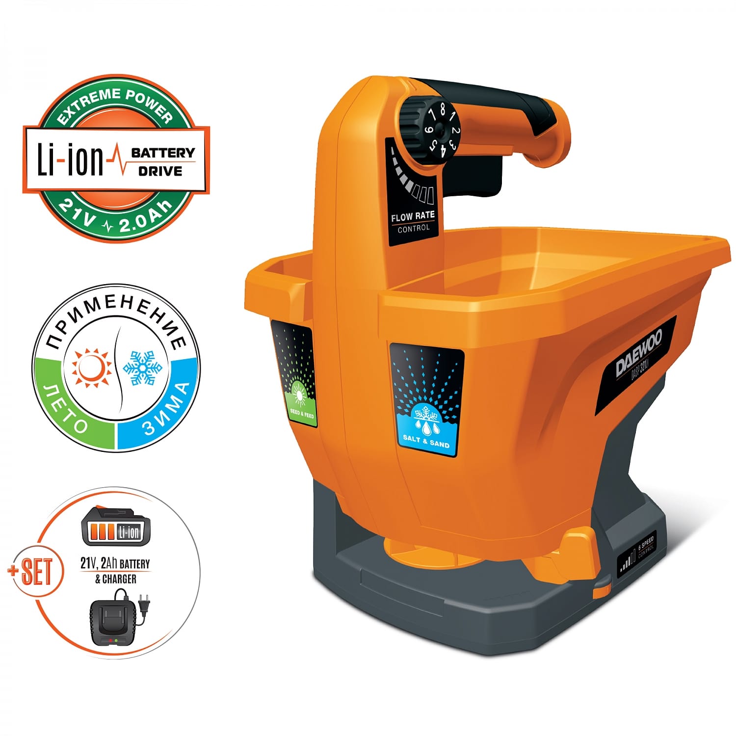 Сеялка-разбрасыватель аккумуляторная DASP 321Li с АКБ и ЗУ Daewoo Power