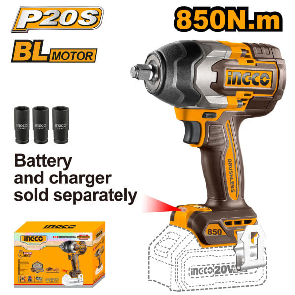 Аккумуляторный ударный гайковерт 20В Li-ion, б/щ 850 Нм INDUSTRIAL INGCO CIWLI20851