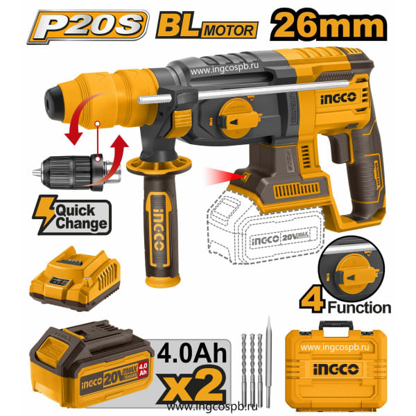 Аккумуляторный перфоратор BL 20В, 2,5Дж, 2хАКБ 4Ач и ЗУ SUPER INDUSTRIAL INGCO CRHLI202289
