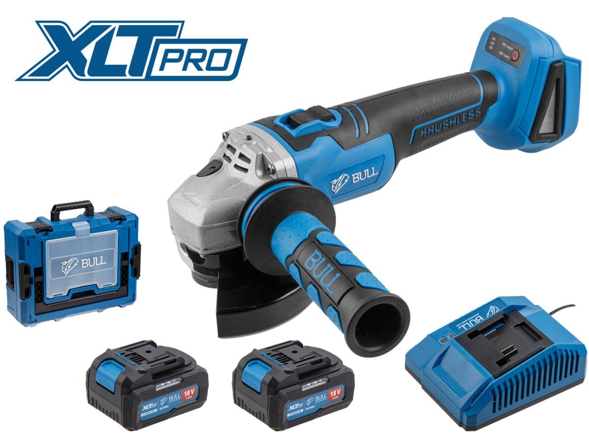 Аккум. углошлифмашина Xcase, XLTpro, БЕСЩЕТ, 125 мм, рег. об., 8000 об/мин, 2х4 А*ч (рег. об.) BULL CSG 1812 R