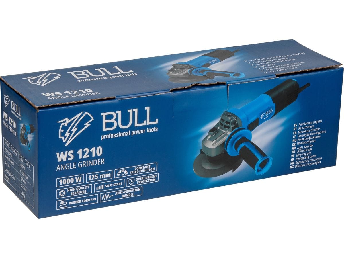 Одноручная углошлифмашина в кор. 125 мм, 1000 Вт, плав. пуск., конст. эл. (11 000 об/мин, защита от перегрузки, защита от повторного включения, вес 2,3 кг) BULL WS 1210