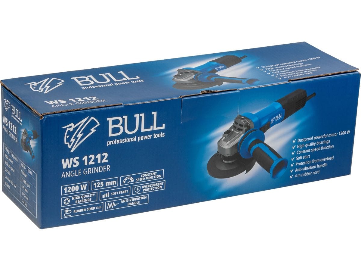 Одноручная углошлифмашина в кор. 125 мм, 1200 Вт, плав. пуск., конст. эл. (11 000 об/мин, защита от перегрузки, защита от повторного включения, вес 2,4 кг) BULL WS 1212