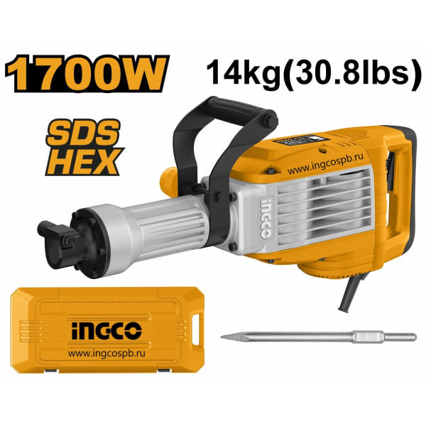 Отбойный молоток 1700Вт HEX 50Дж кейс INDUSTRIAL INGCO PDB170068