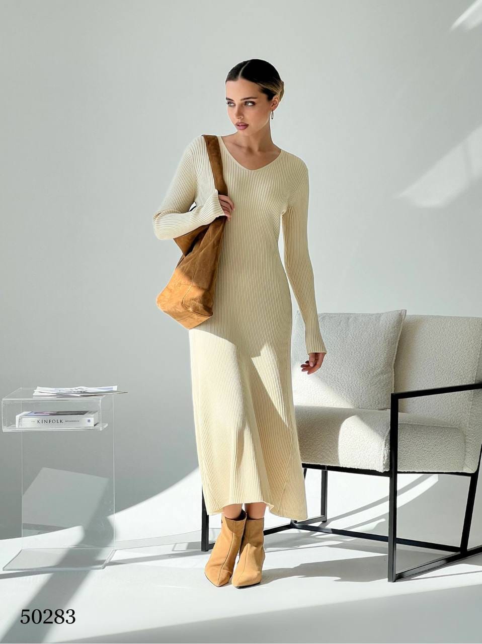 Платье женское трикотажное — кашемир и хлопок, кремовое