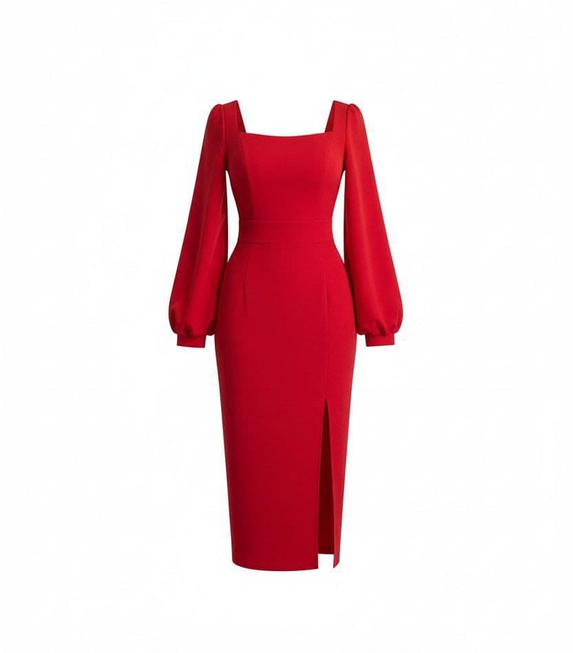 Красное вечернее платье с разрезом и объемными рукавами