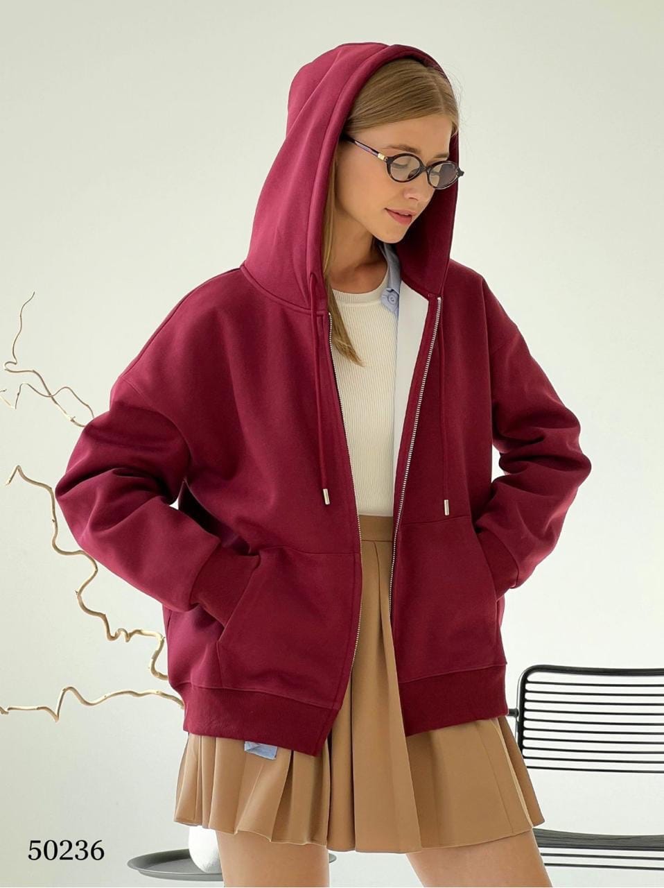 Толстовка женская — 100% хлопок, оверсайз, бордовая MISS DIVA