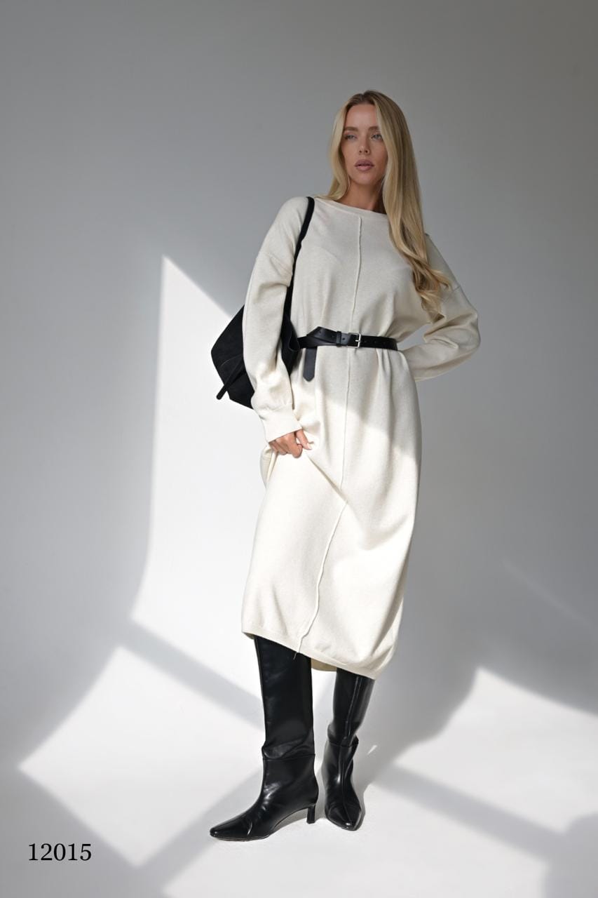 Платье женское — трикотажное с поясом, миди, размер one size